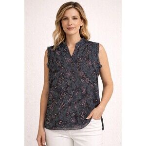 cabi Sleeveless Floral Chiffon Blouse Dark Gray Purple Women S Frayed Edges